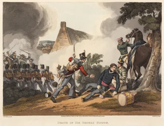 Tod von Sir Thomas Picton, graviert von M. Dubourg, 1819 (farbige Aquatinta)